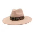 Sombrero fedora de ante de ala ancha con banda étnica bordada y hebilla metálica - 58cm / Champán