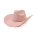 Pink suede western cowboy hat detail, classic fedora style with braided band, soft texture. - Pink
