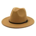 Detailed view of the wide brim felt fedora hat, featuring a stylish black belt accent. - 58cm / Camel