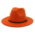 Close-up shot of the orange wool fedora hat, highlighting the black belt and metal buckle. - 58cm / Orange