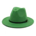 Green wool wide brim fedora hat detail, elegant autumn winter women fashion jazz hat accessory. - 58cm / Grass Green