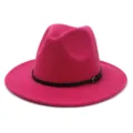 Women hot pink wool fedora hat with black belt buckle, stylish wide brim winter jazz hat. - 58cm / Rose Red