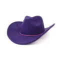 Purple faux suede cowboy hat with braided rope band and wide brim, stylish western fedora. - Deep purple