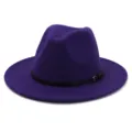 Purple women fedora hat wool felt wide brim jazz cap with black belt buckle for winter. - 58cm / Purple
