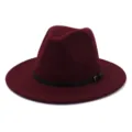 Burgundy wool felt fedora hat detail closeup showcasing black leather belt and metal buckle. - 58cm / Burgundy