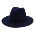 Detail view of navy blue women woolen fedora hat with black belt and metal buckle. - 58cm / Navy Blue