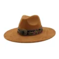Sombrero Jazz Fedora de Ante Marrón para Hombre y Mujer con Banda Bordada Estilo Western - 58cm / Caqui