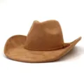 Detailed close-up view showing the soft brown suede texture and delicate braided hat band. - Camel