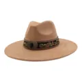 Sombrero fedora de ante con banda étnica bordada y hebilla vintage para hombres y mujeres. - 58cm / Camel