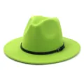 Bright green wool fedora hat for women, stylish wide brim jazz hat with black leather belt. - 58cm / Fruit Green