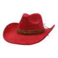 Chapeau de cowboy en daim rouge, chapeau de jazz a large bord avec bande tressee marron chic. - 58cm / Rouge