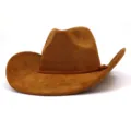 Brown suede cowboy fedora hat for men and women, stylish wide-brim gentleman hat detail. - Khaki