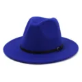 Women blue wool fedora hat winter British style jazz hat with black belt and buckle - 58cm / Sapphire Blue