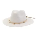Classic white straw sun hat with stylish chain and pearl decor, perfect for summer outdoor beach. - White