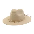 Summer straw sun hat for men and women, stylish 7cm brim beach fedora with chain pearl decor. - Beige