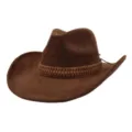 Chapeau de cowboy en daim marron avec bande tressée, fedora à large bord pour hommes et femmes. - 58cm / Café
