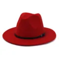 Red wool fedora hat detail, wide brim design with black leather belt and metal buckle accent. - 58cm / Red