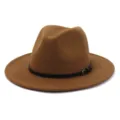 Brown felt fedora hat detail, wide brim, elegant black leather belt with metal buckle accent. - 58cm / Khaki