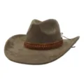 Gros plan du chapeau de cowboy en suédine montrant la bande tressée marron et texture. - 58cm / Vert Militaire