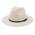 Women wool felt fedora hat, elegant large brim winter jazz hat with black belt decoration. - 58cm / Beige