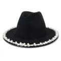 Black felt fedora hat featuring exquisite pearl and crystal brim detailing, elegant design. - 58cm / Black