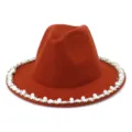 Close-up of elegant wool fedora hat featuring a stunning pearl and rhinestone brim trim. - 58cm / Rust Red