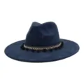 Navy blue wide brim fedora hat featuring ethnic patterned band and playful black pom pom details. - Navy Blue
