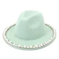 Fashion light green wool felt fedora hat for women with elegant pearl and crystal brim trim. - 58cm / Mint Green