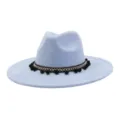 Light blue faux suede fedora hat with bohemian woven band and pom pom for men and women. - Sky Blue
