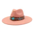 Sombrero fedora de lana estilo boho con hebilla turquesa, sombrero western ala ancha. - Cuarzo Rosa