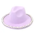 Women Purple Wool Fedora Hat with Pearl and Crystal Brim Trim Autumn Winter Fashion - 58cm / Pink Purple