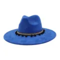 Blue felt fedora hat for men women wide flat brim jazz hat with pom pom tribal band - Sapphire Blue