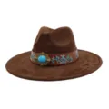 Sombrero fedora de ante marrón vintage con hebilla turquesa, sombrero jazz ala ancha. - Café