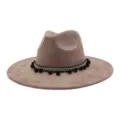 Wide brim suede fedora hat with ethnic pom pom band for women and men stylish autumn wear - Dusty Pink