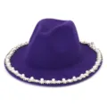 Purple felt fedora hat detail featuring elegant pearl and rhinestone brim decoration. - 58cm / Purple