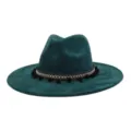 Dark green suede fedora hat with bohemian woven band and black pom-poms for men women. - Dark Green