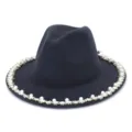 Detail view of dark grey woolen fedora hat, elegant pearl and crystal brim trim for women. - 58cm / Dark Gray