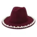 Burgundy fedora hat for women featuring elegant faux pearl and crystal rhinestone brim decoration. - 58cm / Burgundy