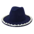 Detailed view of a navy blue felt fedora hat decorated with chic pearl beaded brim. - 58cm / Navy Blue
