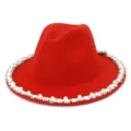 Women wool felt jazz hat with elegant pearl trim solid red fedora hat for autumn winter - 58cm / Orange