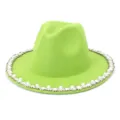Detail view of a lime green fedora hat featuring elegant pearl and rhinestone brim trim. - 58cm / Fruit Green