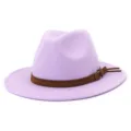 Light purple wool fedora hat for autumn and winter, featuring a stylish brown belt accent. - Adjustable / Pink Purple