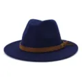 Blue wool fedora hat with brown leather belt and buckle for autumn and winter fashion style. - Adjustable / Navy Blue