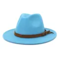 Light blue wool fedora hat with stylish brown belt buckle, classic autumn winter jazz hat. - Adjustable / Lake Blue