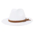 White woolen fedora hat for autumn and winter, wide flat brim, stylish brown belt decoration. - Adjustable / White