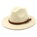 Classic beige felt fedora hat for autumn and winter, featuring a brown leather belt band. - Adjustable / Beige