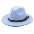 Light blue wool fedora hat for autumn and winter with brown belt and tassel decoration. - Adjustable / Sky Blue