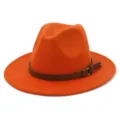 Orange woolen fedora hat for autumn and winter, wide flat brim jazz hat with brown belt. - Adjustable / Orange
