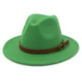 Green wool fedora hat for couples, wide flat brim autumn winter jazz hat variant style - Adjustable / Grass Green