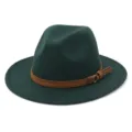 Dark Green Wool Felt Fedora Hat Wide Brim Cap with Brown Leather Belt And Tassel - Adjustable / Dark Green